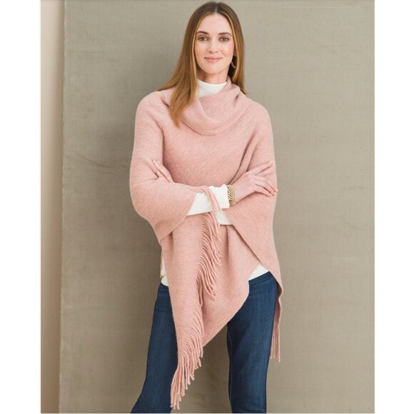 NWT Chico's Cozy Stripe Cowl Neck Poncho Fringe Sweater Mellow Rose Pink O/S - Picture 1 of 6